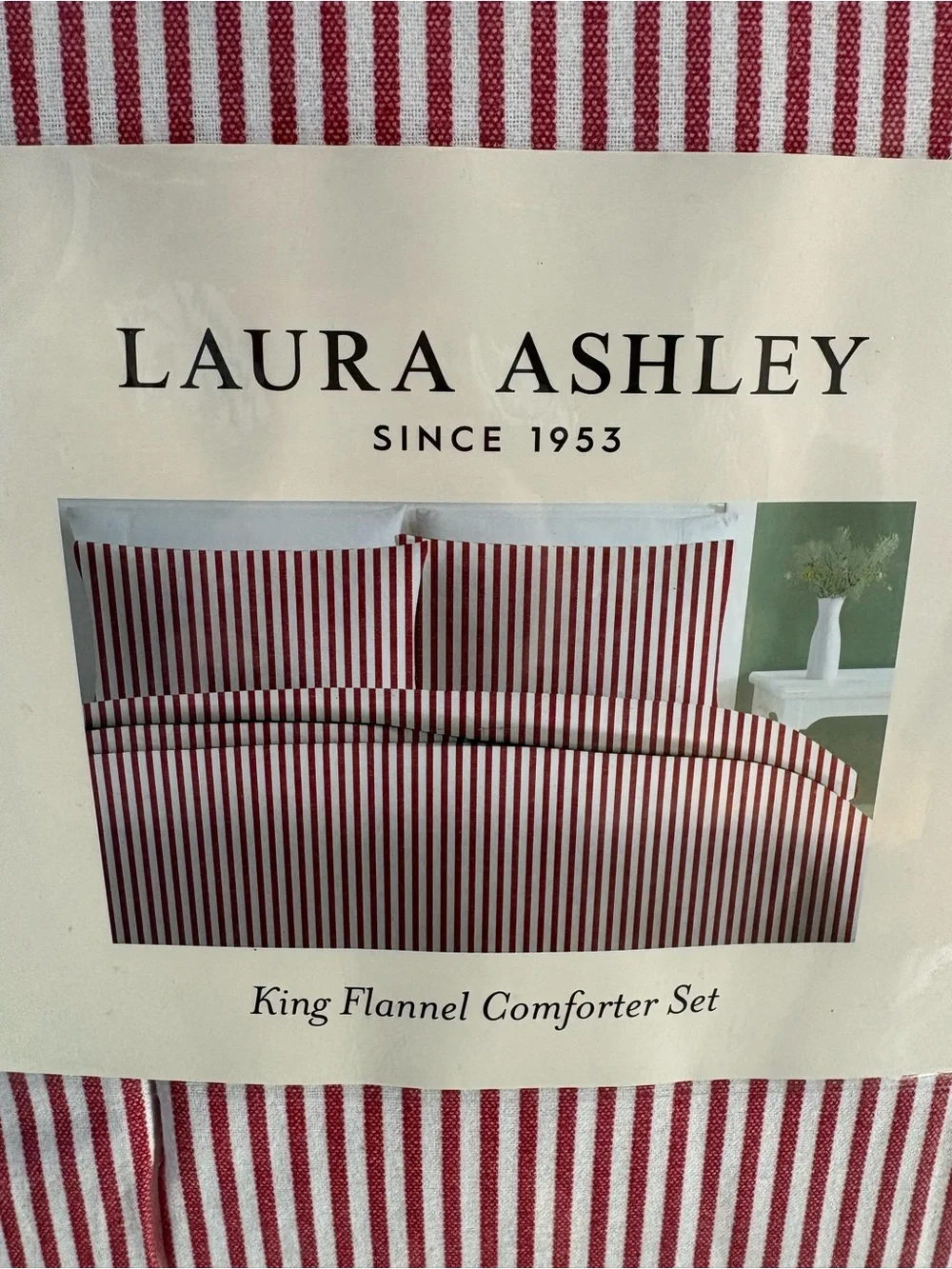 NEW Laura Ashley Red and White Striped King Flannel Comforter